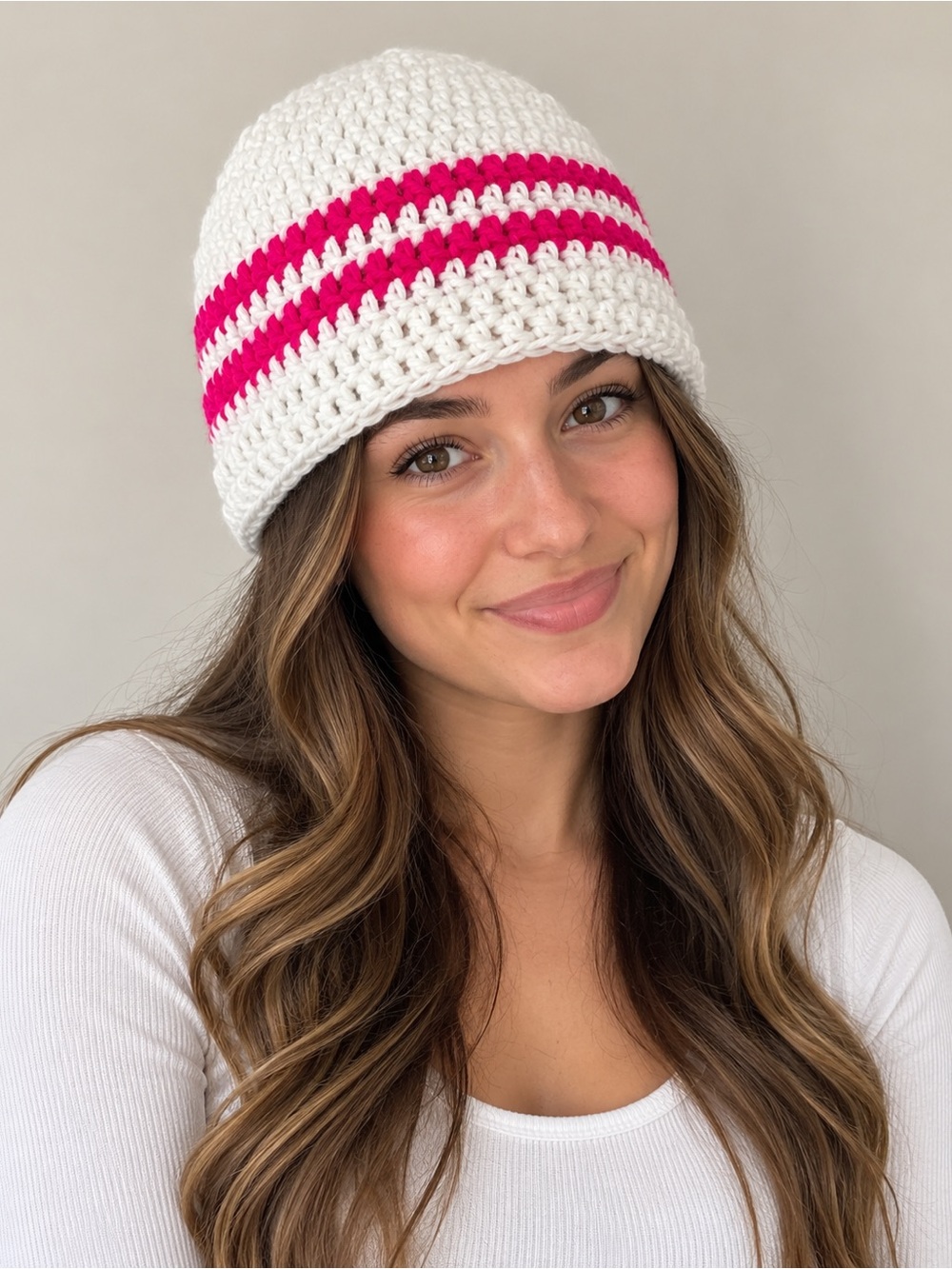 Handmade Crochet Adult Medium Beanie White fuchsia Striped Hat